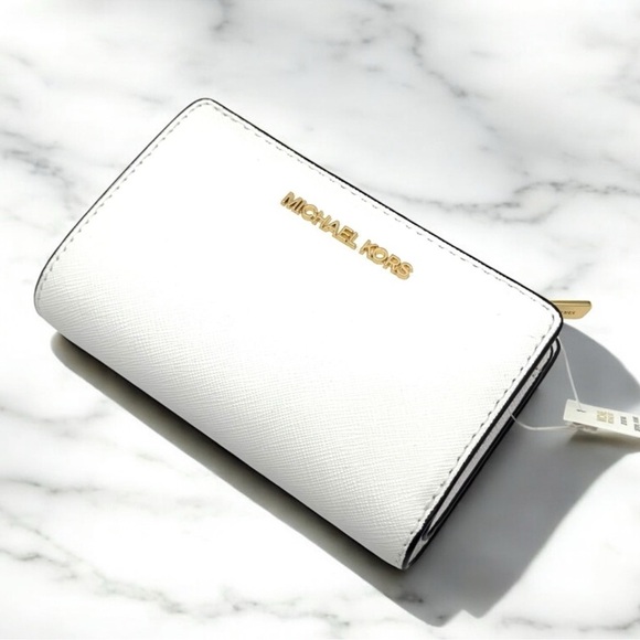 Michael Kors Medium Jet Set Travel Zip Chain Bifold Wallet Leather Optic White - Picture 6 of 8
